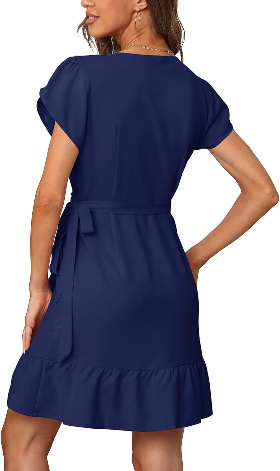 SAMPEEL Summer V Neck Wrap Petal Sleeve Short Dress with Belt for Women - Image 5