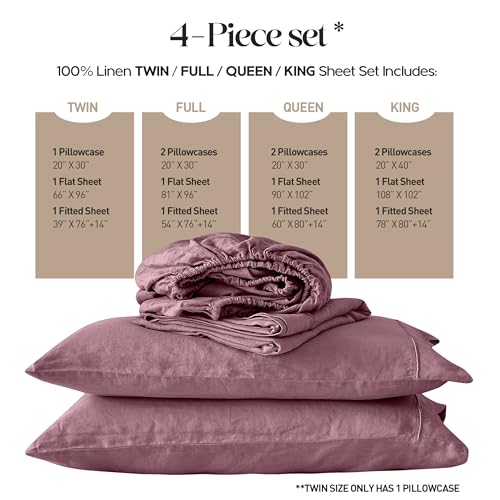 Simple&Opulence 100% Pure Linen Sheet Set Queen Size, Natural French Flax Solid Color 4 Pcs Washed Breathable, Farmhouse Bedding (1 Flat Sheet,1 Fitted Sheet,2 Pillowcases)-Embroidery Purple