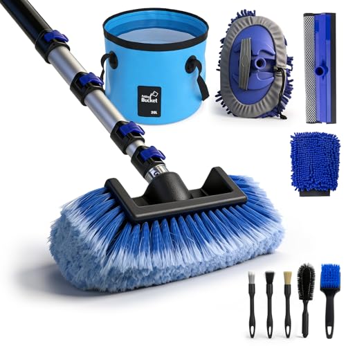 12FT Car Wash Brush with Long Handle - Car Cleaning Kit with 8 Attachments 180 Rotating Mop Foldable Bucket Scratch-Free Soft & Hard Brushes for Cars Trucks SUV RV Home Windows & Siding