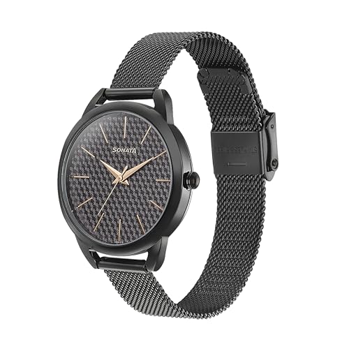 Image of Sonata Wedding Bling Quartz Analog Black Dial Black Stainless Steel Strap Watch for Women-87051NM01