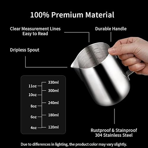 Miniatura 3 de watchget Jarra de espuma de leche de 11.8 fl oz/20.3 fl oz/30.4 fl oz/50.7 fl oz (12 oz/20 oz/32 oz/52 onzas) - Jarra de vapor de café para Plateado