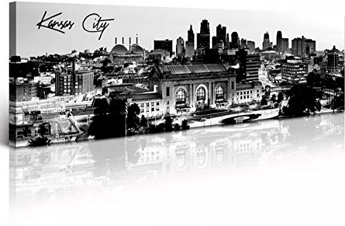 Image of DJSYLIFE Black and White Kansas City Skyline Canvas Wall Art 13.8 inch x 47.3 inch | Fade-Resistant Panoramic Skyline Print, Ready to Hang for Bedroom, Office, Living Room Decoration