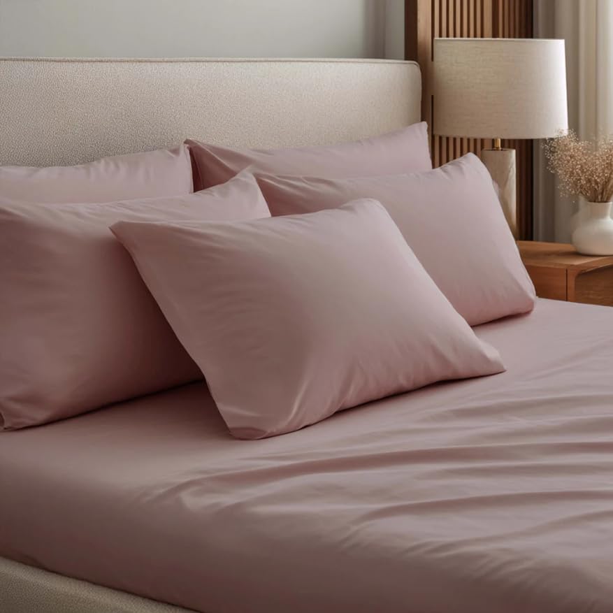 Image of Terra Pink Queen Fitted Percale Temperature Regulating Bedsheet Set - 100% Cotton, Soft Fitted Bedsheet 80x60 in + Pillow Covers 18x27 in, Lightweight Bed Linen for All Seasons