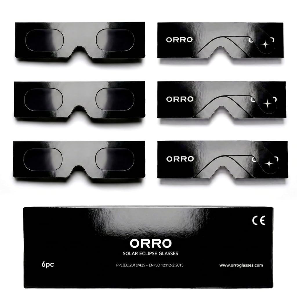 ORRO Okulary do Obserwacji Zaćmienia Słońca 45 mm, Zestaw 2/6/12 szt., Pasują na Okulary Korekcyjne, Certyfikowana Ochrona Oczu, Testowane zgodnie z EN ISO 12312-2:2015, Oznakowanie CE