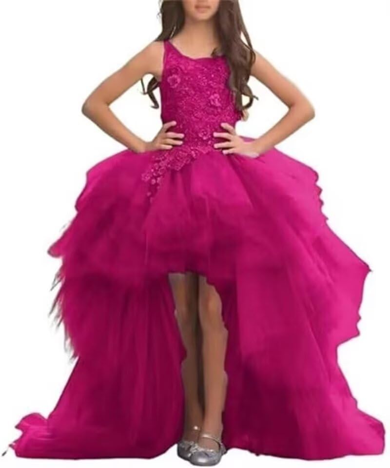 High Low Flower Girl Dresses 2025 Laces Appliques Tulle Communion Party Princess Wedding Pageant Ball Gown Dress