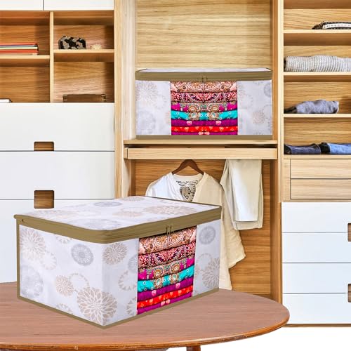 Image of Kuber Industries Set of 6 Saree Cover & Underbed Storage Bag Set | 3 Pieces Saree & 3 Pieces Underbed Storage Bag Combo Set | Visible Window & Handle Storage Bag | Gola-Print | White