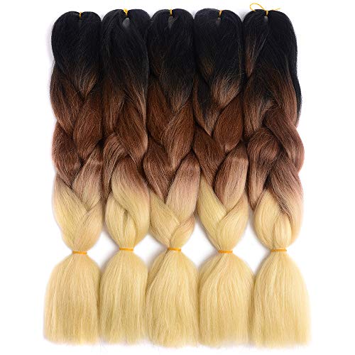Cadiro 5 Packs Ombre Jumbo Braiding Hair For Twist 24 Inches Kanekalon Jumbo Braids Synthetic Hair Extension (Black-Brown-Blonde)
