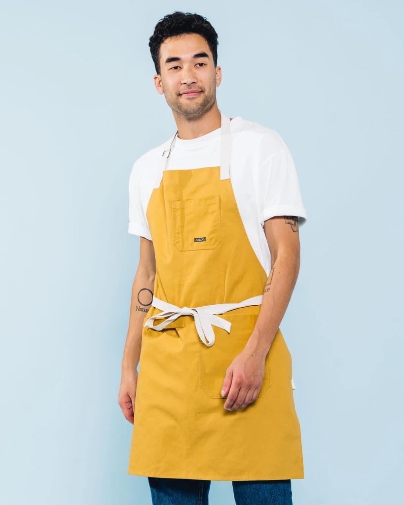 Caldo Daily Cotton Kitchen Apron for Cooking- Mens and Womens Professional Chef or Server Bib Apron - Adjustable Straps with Pockets and Towel Loop (Mustard) - Image 7