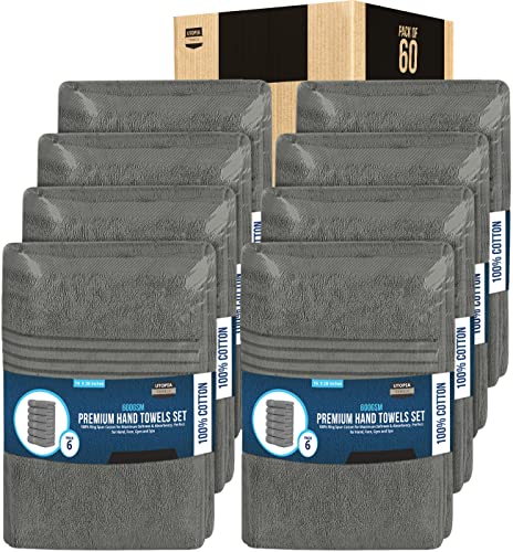 Utopia Towels Luxury Hand Towels Set, (16 x 28 inches) 100% Ring Spun Cotton, Lightweight and Highly Absorbent Towels for Bathroom, Travel, Camp, Hotel, and Spa (Grey) (60 Pack)