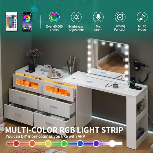 DWVO L Shaped Computer Desk with Power Outlet & RGB Light, 78.8" Reversible Gaming Desk for Bedroom, 360° Rotatable LED Drawer Dresser with 6 Drawers, Home Office Desk with Charging Station, White