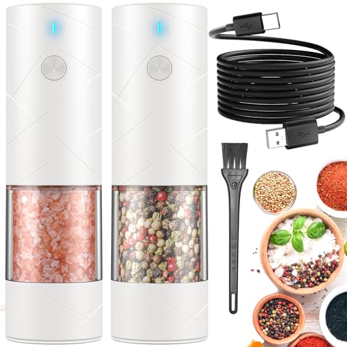 2Pack Electric Salt and Pepper Grinder Set USB Rechargeable with Warm LED Light, Adjustable Coarseness Lidaop Large Capacity Automatic Salt Pepper Mill Grinder for Kitchen, Restaurant, Outdoor, White