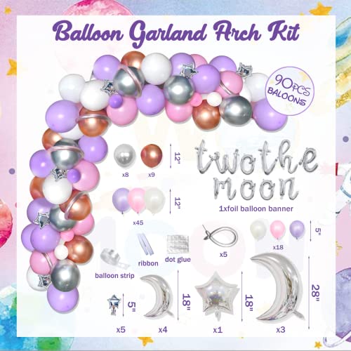 121 Pcs Two The Moon Birthday Decorations, Hombae Outer Space 2Nd Birthday Party Decorations Girls Balloon Garland Arch Glitter Banner Cake Topper Poster Moon Star Planet Astronaut Silver Pink Purple #TOP4