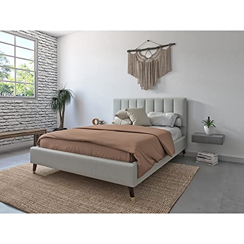 Dg Casa Collette Mid Century Modern Tufted Upholstered Platform Bed Frame With Vertical Channel Headboard And Full Wooden Slats, Box Spring Not Required-Queen Size In Beige Fabric #TOP1