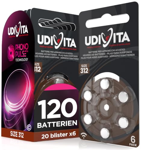 120 Batterien für Hörgeräte Udivita Größe 312 PR41 mit Langer Lebensdauer Kompatibel mit Allen Geräten - 20 Blister mit 6 Batterien