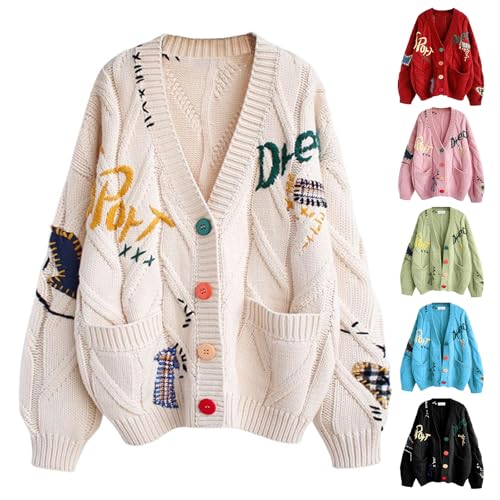 Tednrk Cable Knit Sweaters for Women 2024 Funny Embroidery Button