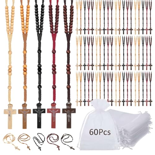 MAIKEELENG 60Pcs Olive Wooden Rosary Beads Bulk with Cross Pendant and Organza Bags, 5 Colors Catholic Prayer Beads for Church Events, Baptism, Retreat, Wedding, Memorial Gifts