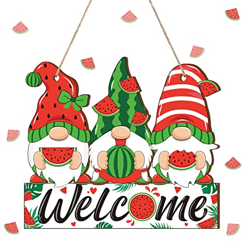 Summer Welcome Sign Wooden Watermelon Gnome Hanging Sign Holiday Door Sign with Ropes Hanging Decoration with Watermelon for Summer Front Door Porch Farmhouse Outdoor Home Decor (Watermelon Gnome)