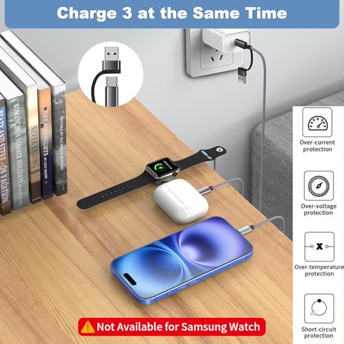 3 in 2 USB C Charger Cable for Apple Watch/iPhone/Airpods, Multi Wireless Fast Charger Compatible with iWatch Ultra/SE/10,9,8,7,6,5,4,3,2,1 and iPhone 16,15,14,13,12,11,Galaxy S23
