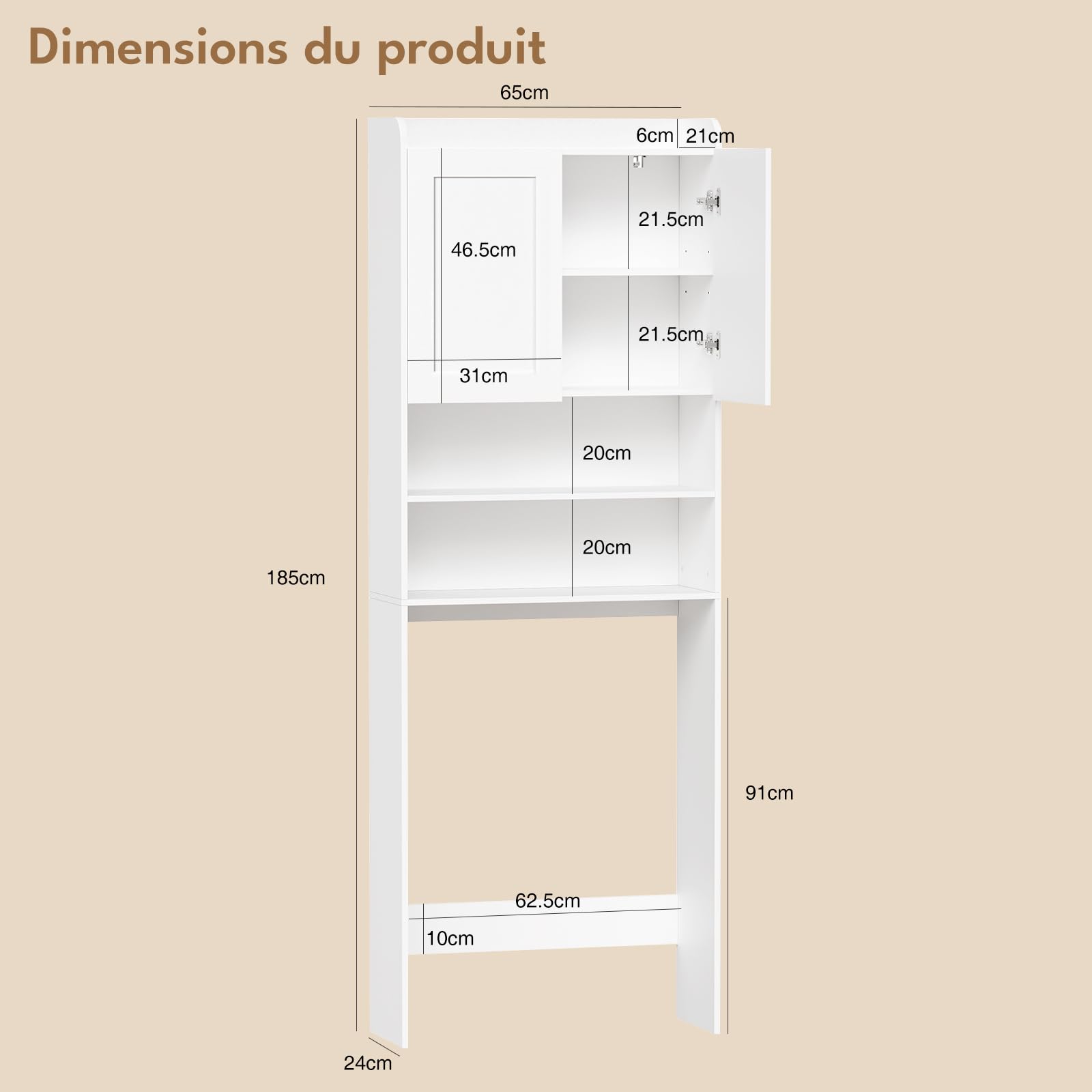 BEWISHOME Machine à Laver,Étagère de Salle de Bain à Placer sur Machine à Laver,Toilettes ou Sèche-Linge,2 Portes, 2 Compartiments Ouverts,Étagères Réglables,24×65×185 cm, Blanc EYYG19W