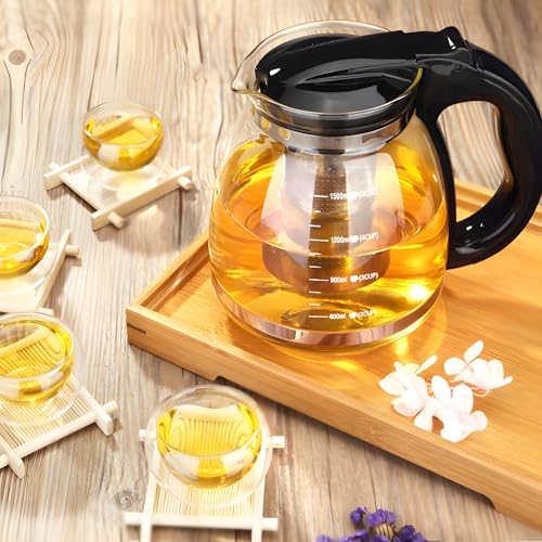 Retoo Glaskanne mit sieb, Teekanne mit Teesieb Feinmaschiger Filter Kapazität 2L Hitzebeständig Teebereiter mit Deckel Siebeinsatz Nicht Beheizter Griff 16 x 15 x 22 cm