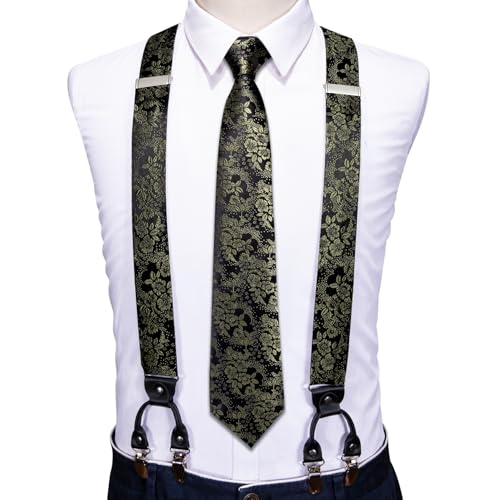 Image of Barry.Wang Men Suspender Set with Necktie Elastic Y Type Heavy Duty 6 Clips Braces Tie Handkerchief Cufflink Pin 6PCS