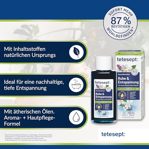 tetesept Ruhe & Entspannung Bad - 1 x 125 ml - Gesundheitsbad mit 5 ätherischen Ölen für innere Ruhe und mehr Balance – kosmetischer Badezusatz mit Hautpflege Formel