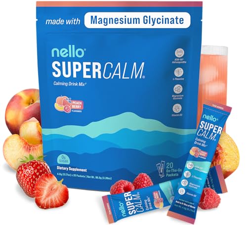 Nello Supercalm Drink Mix - Ashwagandha KSM 66, Magnesium Glycinate & L-Theanine Supplement - Ashwagandha Root Extract - Focus and Relaxation Support (20 Travel Packets) - Peach Berry