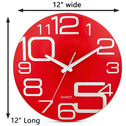 Bernhard Products Red Glass Wall Clock 12 Inch Decorative Silent Non Ticking Quality Quartz Battery Operated Round Large Unique Modern Design For Home Kitchen Living Room Bedroom Bathroom Or Office #TOP6