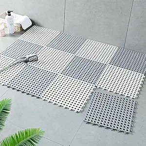 BHRAKUTI Interlocking Floor Tiles with Drain Holes Soft PVC Non Slip Shower Floor Mat Rubber Drainag Mat for Pool, Patio, Balcony, Kennel, Poultry, Dog (12 Pcs)