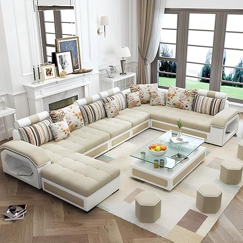 Image of Brown Maple U-Shape Sectional Sofa Set for Home | 10-Seater Fabric Sofa with Tea Table & 4 Puffy | Spacious Seating for 14 Persons | Pre-Assembled, Modern Comfort Design(White)