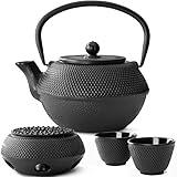Bredemeijer Teekanne asiatisch Gusseisen Set schwarz 1,1 Liter mit Tee-Filter-Sieb mit Stövchen und Teebecher (2 Tassen) schwarz