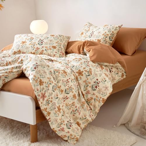 Image of Wake In Cloud - Floral Comforter Set, Botanical Flower Cottagecore Shabby Chic Aesthetic for Women Teen Girls, Soft Lightweight Dorm Bedding, 3 Pieces, Orange Cream, Twin /Twin XL Size