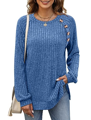 Image of Bofell Long Sleeve Shirts for Women Lightweight Button Decor Tunic Tops Side Split