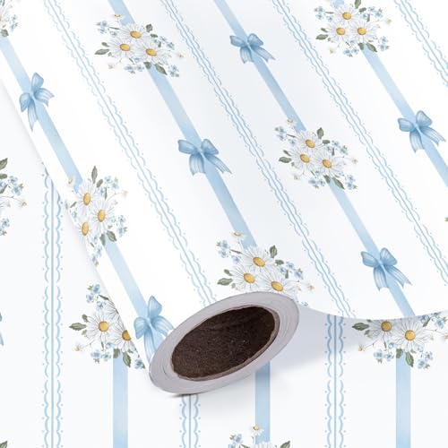 WRAPAHOLIC Daisy Floral Wrapping Paper Roll - Mini Roll - 17 Inch x 16.5 Feet - Watercolor Daisy Floral and Blue Bow Wrapping Paper for Baby Shower, Birthday, Wedding, Mother's Day, Spring