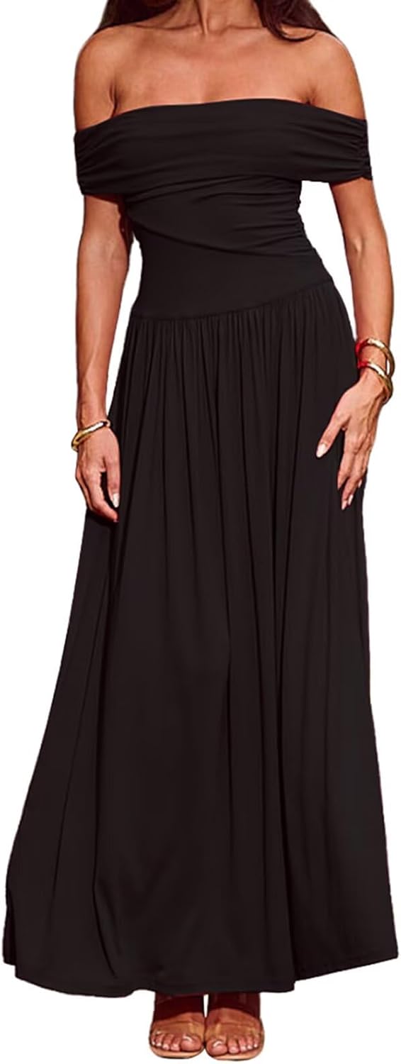 Women's Off The Shoulder Maxi Dress Bodycon Ruched Flowy Long Dresses Pleated Summer Dress - Image 2