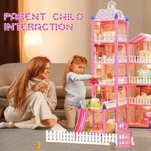 بيت دمى من دي ام جي، ألعاب بيت دمى دريم للفتيات مكون من 5 طوابق و15 غرفة، مع أضواء لتجميع المطبخ وغرفة النوم والأثاث والحديقة وبيت الأحلام للعب للبنات (بينك)