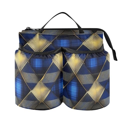 Airport Cup Holder Adjustable Blue and Gold Plaid Holder with Strap Two Cup Holder for Airplane Travelers