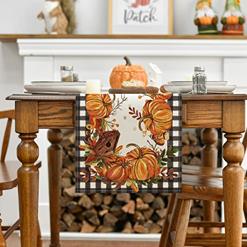Artoid Mode Buffalo Plaid Pumpkins Mushrooms Birdhouse Leaves Table Runner, Seasonal Fall Harvest Vintage Kitchen Dining Table Decoration For Indoor Outdoor Home Party Decor 13 X 72 Inch #TOP1