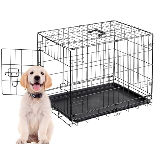 Image of Dog Crate - Single Door 30 Inch Portable Puppy Dog Cage, Metal Wire Pet Kennel with Secure Lock, Leak-Proof Pan Tray, Foldable Design for Dogs Pets Indoor Training and Outdoor Travel