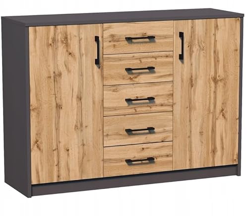 MATKAM Moderne Kommode 2D5S mit 2 Türen und 5 Schubladen - Robuste Aufbewahrungslösung für Schlafzimmer und Wohnbereiche (Anthrazit Grau-Wotan Eiche)