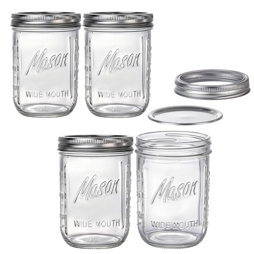 WELLIFE 4 Pack 16 oz Mason Jars with Lids – Wide Mouth Glass Canning Jars, Rust-Proof Airtight Lids with Silicone Seal, Thick Glass Storage Jars with Measurement Marks