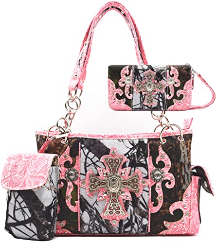 Camouflage Cross Western Style Studded Handbag Concealed Carry Purse Country Women Shoulder Bag Wallet (#2 Fuchsia Set)
