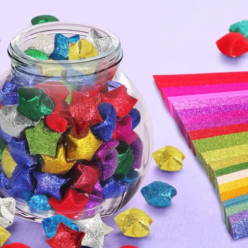 Origami Sterne Papierstreifen Glitzer 18 Farben Origami Papier Sterne Streifen Glücksstern Glitzernd Origamipapier für DIY Handwerk Dekoration 1080 Streifen