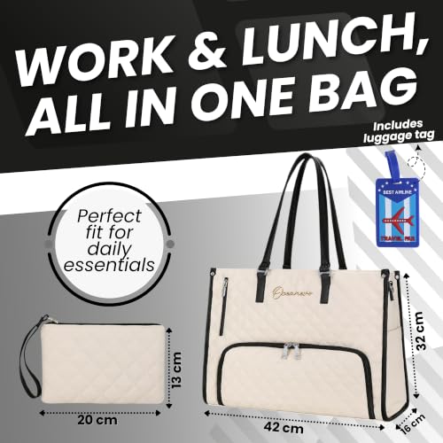 Image of OCEANEVO 2 in 1 Stylish Laptop Tote Bag for Women Office use with Insulated Lunch Bag Compartment includes Small Pouch and Luggage Tag, Laptop Handbag for Office, Travel