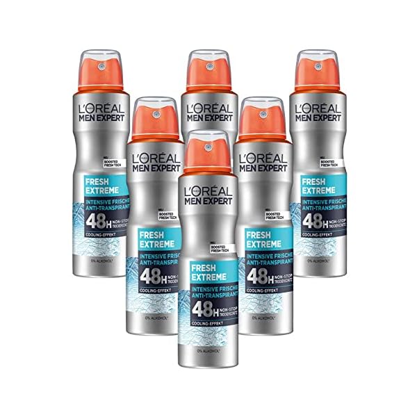 L'Oréal Men Expert Deo für Männer, Effektives Deospray mit integriertem Cooling-Effekt für bis zu 48 Stunden Frische, Fresh Extreme, 6 x 150 ml