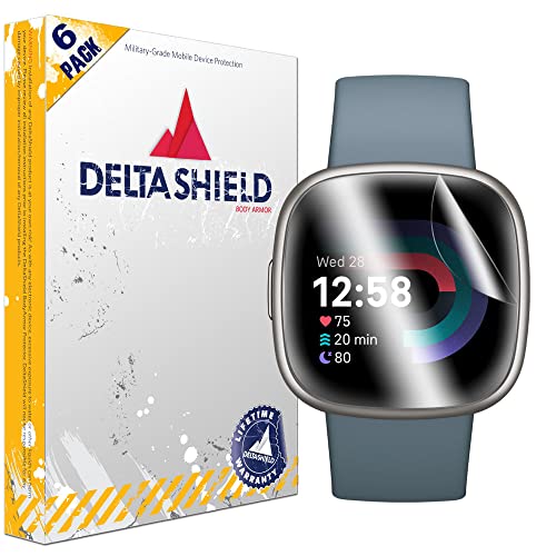 DeltaShield Screen Protector for Fitbit Sense 2 Versa 4 (6-Pack) BodyArmor Anti-Bubble Military-Grade Clear TPU Film