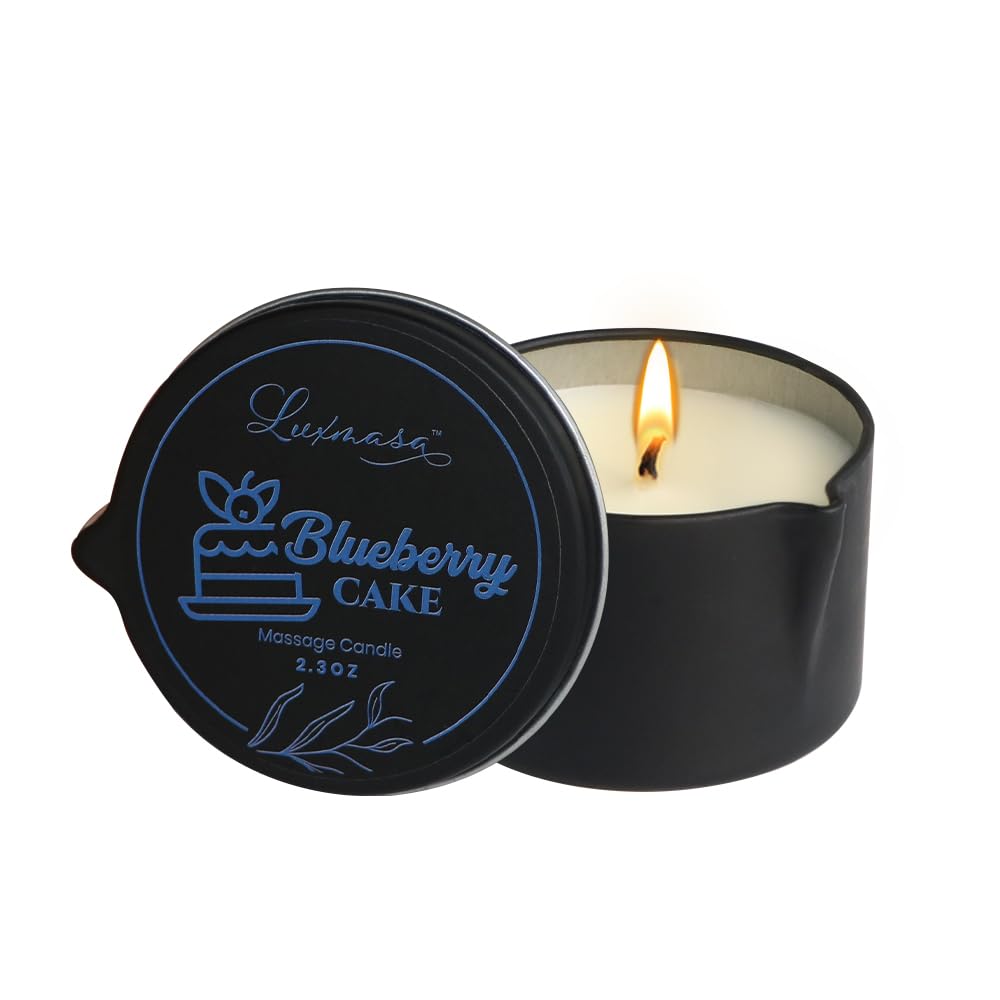 LUXMASA Organic Soybean Wax Essential Oil Infused Massage Oil SPA Candle for Couples, Home Scented Candle for Relaxation Bluberry Cake Scent 2.35OZ