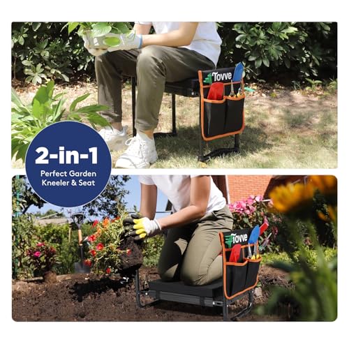 Image of Tovve Foldable Garden Kneeler and Seat, Heavy Duty Garden Stool with 10 inch Wide Detachable Kneeling Pad, Portable Garden Bench Chair with Large Garden Tool Bag, Gardening Gifts for Women, Seniors, Mom