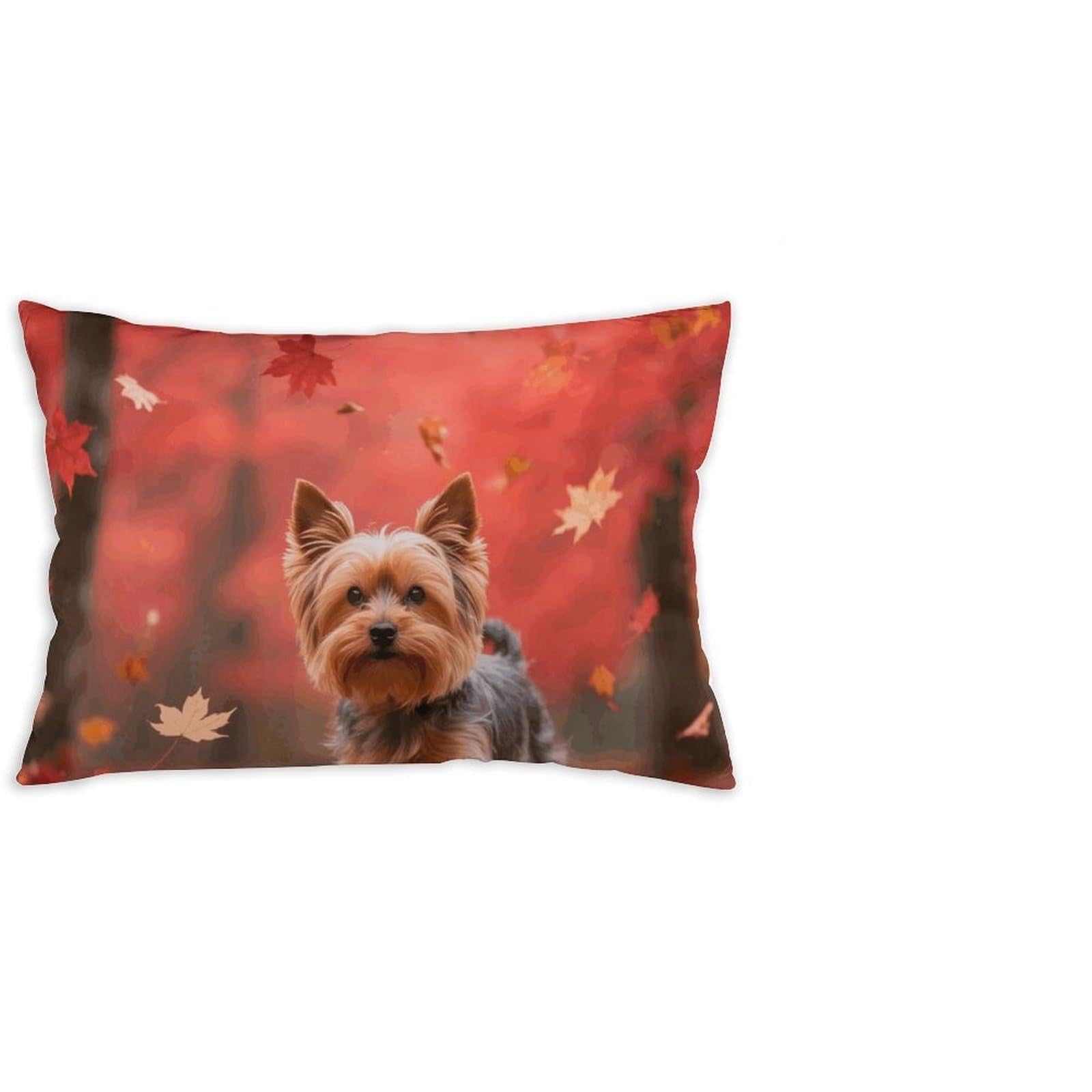 Decorative Throw Pillow Covers 12x20 Short Plush Yorkshire Terrier in Maple Forest Body Pillowcase Cushion Cases with Invisible Zipper Rectangle Lumbar Pillow Shells for Sofa Couch Chair Bed Home