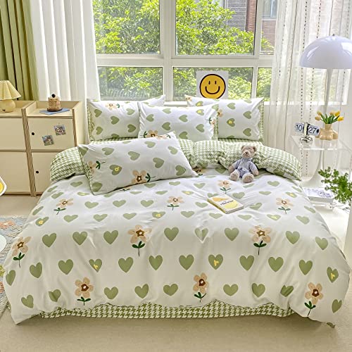 Blueblue Hearts Kids Duvet Cover Set Twin 100% Cotton Bedding For Boys Girls Teens Cartoon Light Green Heart Flower Pattern On White 1 Love Comforter Cover 2 Pillowcases (Twin) #TOP19